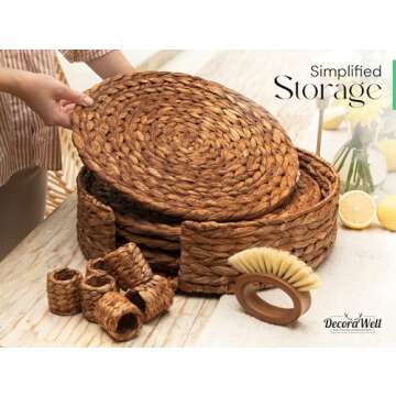 DecoraWell Round Woven Placemats Set of 12 with Bamboo Brushes, Handmade, Wicker Placemats with Holder, Rattan Chargers for Dinner Plates, Rustic, Boho Placemats (11.8 in)