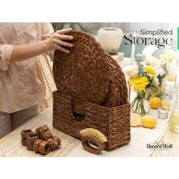 DecoraWell Round Woven Placemats Set of 12 with Bamboo Brushes, Handmade, Wicker Placemats with Holder, Rattan Chargers for Dinner Plates, Rustic, Boho Placemats (11.8 in)