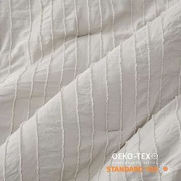 Bedsure Boho Comforter Set Full - Tufted Bed Set, 3 Pieces Farmhouse Shabby Chic Embroidery Bedding Linen Color, Striped Pattern Comforter for All Seasons