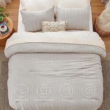 Bedsure Boho Comforter Set Full - Tufted Bed Set, 3 Pieces Farmhouse Shabby Chic Embroidery Bedding Linen Color, Striped Pattern Comforter for All Seasons