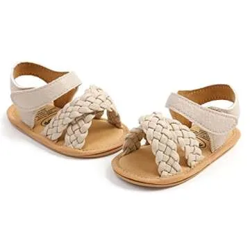 SOFMUO Baby Girls Knitted Sandals Premium Soft Anti-Slip Rubber Sole Infant Summer Walking Shoes Toddler First Walkers (A04/Beige,6-12 Months)