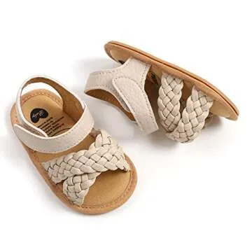 SOFMUO Baby Girls Knitted Sandals Premium Soft Anti-Slip Rubber Sole Infant Summer Walking Shoes Toddler First Walkers (A04/Beige,6-12 Months)