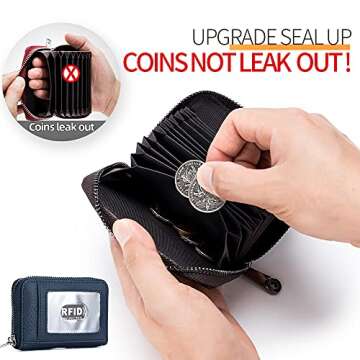 Yocipa RFID Credit Card Holder Wallet For Women Men Small Zipper Card Case Leather(Dark blue)