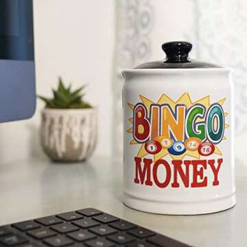 Bingo Gifts, Birthday Gifts for Women, Men, Ceramic Bingo Money Jar Piggy Bank for Adults, Kitchen Home Decor, Funny Coin Jar, Mom Grandma Dad Boyfriend Gift, Office Decor