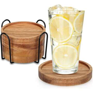 Cute Acacia Wooden Coaster Set with Holder 4 Pcs