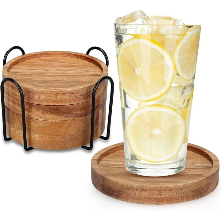 Cute Acacia Wooden Coaster Set with Holder 4 Pcs
