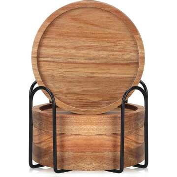 Cute Acacia Wooden Coaster Set with Holder 4 Pcs