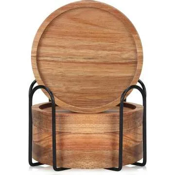 Cute Acacia Wooden Coaster Set with Holder 4 Pcs