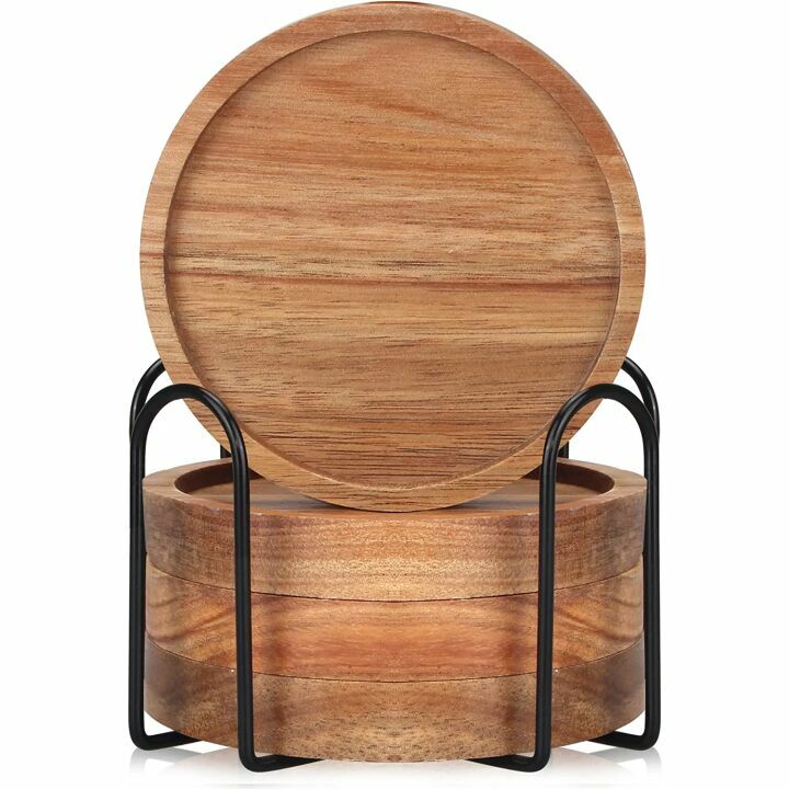Cute Acacia Wooden Coaster Set with Holder 4 Pcs