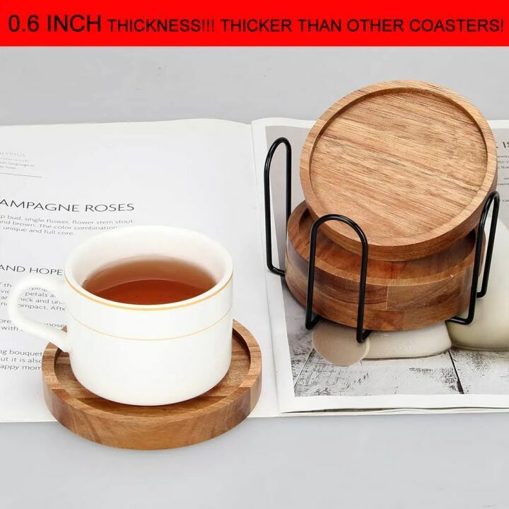 Cute Acacia Wooden Coaster Set with Holder 4 Pcs