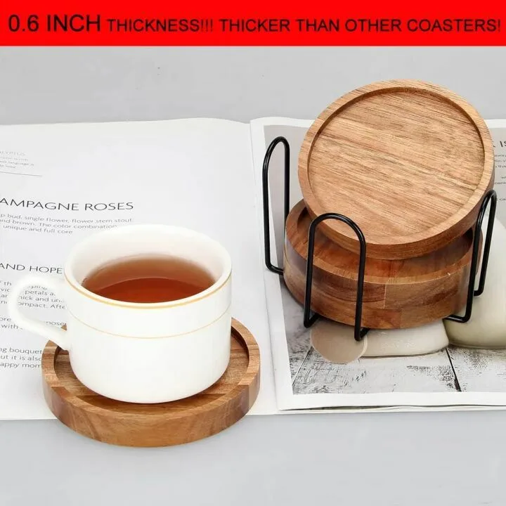 Cute Acacia Wooden Coaster Set with Holder 4 Pcs