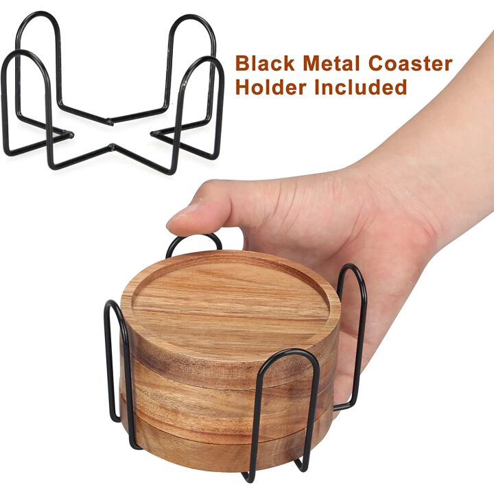 Cute Acacia Wooden Coaster Set with Holder 4 Pcs