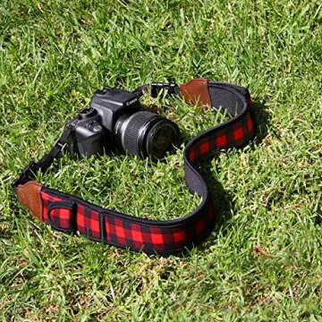 USA Gear TrueSHOT Neck Strap Neoprene Camera Straps - Padded Camera Strap, Pockets, and Quick Release Buckles - Compatible with Canon, Nikon, Sony and More DSLR and Mirrorless Cameras (Red Plaid)