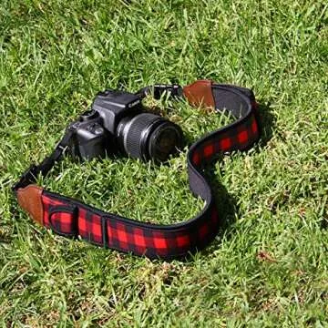 USA Gear TrueSHOT Neck Strap Neoprene Camera Straps - Padded Camera Strap, Pockets, and Quick Release Buckles - Compatible with Canon, Nikon, Sony and More DSLR and Mirrorless Cameras (Red Plaid)