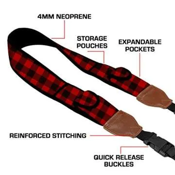 USA Gear TrueSHOT Neck Strap Neoprene Camera Straps - Padded Camera Strap, Pockets, and Quick Release Buckles - Compatible with Canon, Nikon, Sony and More DSLR and Mirrorless Cameras (Red Plaid)