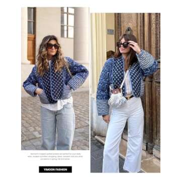 Yimoon Women's Cropped Puffer Jacket Floral Print Lightweight Short Padded Quilted Coat Open Front W...