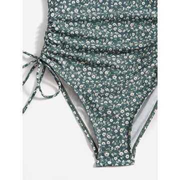 Floerns Women's Floral One Piece Swimsuit Tummy Control Scoop Neck Drawstring Monokini Bathing Suit Swimwear Dark Green