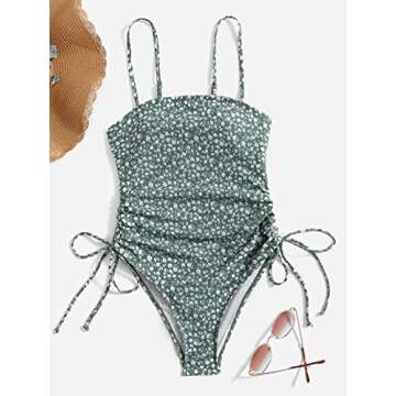 Floerns Women's Floral One Piece Swimsuit Tummy Control Scoop Neck Drawstring Monokini Bathing Suit Swimwear Dark Green