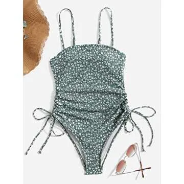 Floerns Women's Floral One Piece Swimsuit Tummy Control Scoop Neck Drawstring Monokini Bathing Suit Swimwear Dark Green