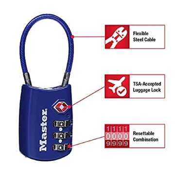 Master Lock Padlock, Set Your Own Combination TSA Locks for Luggage, Travel Zipper Lock with Cable S...
