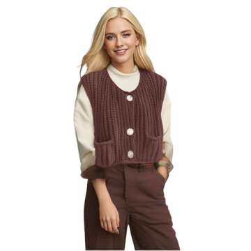 Women's Fashionable Sleeveless Short Knitted Sweater Vest Button Cardigan with Pockets(Brown,M)
