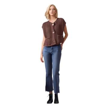 Women's Fashionable Sleeveless Short Knitted Sweater Vest Button Cardigan with Pockets(Brown,M)