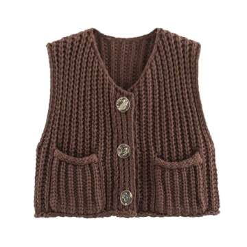 Women's Fashionable Sleeveless Short Knitted Sweater Vest Button Cardigan with Pockets(Brown,M)