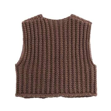 Women's Fashionable Sleeveless Short Knitted Sweater Vest Button Cardigan with Pockets(Brown,M)