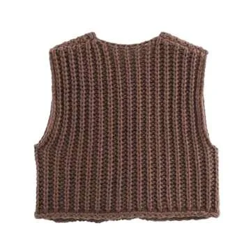 Women's Fashionable Sleeveless Short Knitted Sweater Vest Button Cardigan with Pockets(Brown,M)