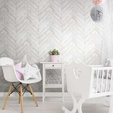 RoomMates White Herringbone Wood Boards Wallpaper Peel and Stick