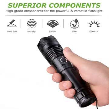 YXQUA LED Flashlights, 10000 Lumen Super Bright Tactical Flashlight, Rechargeable Flash Light, 5 Mod...