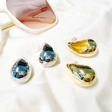 Tear Drop Silver Gold Trending Oversized Statement Style Earrings, Hypoallergenic Huggie Earring, Th...