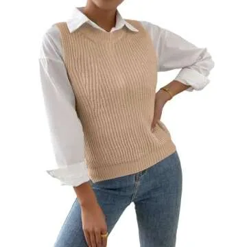 Verdusa Women's Slit Hem Sleeveless Round Neck Knitted Sweater Vest Tank Top Apricot XS