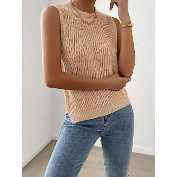 Verdusa Women's Slit Hem Sleeveless Round Neck Knitted Sweater Vest Tank Top Apricot XS