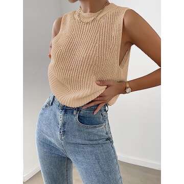 Verdusa Women's Slit Hem Sleeveless Round Neck Knitted Sweater Vest Tank Top Apricot XS