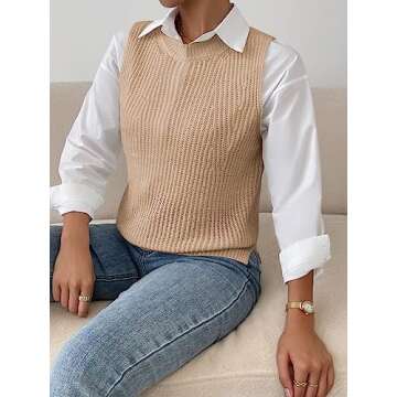 Verdusa Women's Slit Hem Sleeveless Round Neck Knitted Sweater Vest Tank Top Apricot XS