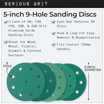 Serious Grit - 5-Inch 9-Hole Sanding Discs Sample Pack - 80, 120, 150, 180, 220 Grit (2 of Each) - Heavy-Duty Hook & Loop Film Discs - Sandpaper for Random Orbital Sanders - 10 Disc Pack