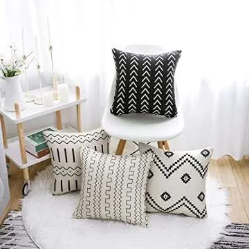 WLNUI Set of 4 Boho Pillow Covers,18x18 Pillow Covers Modern Throw Pillow Covers Black Geometric Mudcloth Linen Neutral Decorative Pillow Covers for Sofa Couch Chair