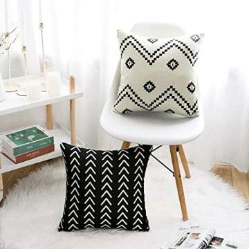 WLNUI Set of 4 Boho Pillow Covers,18x18 Pillow Covers Modern Throw Pillow Covers Black Geometric Mudcloth Linen Neutral Decorative Pillow Covers for Sofa Couch Chair