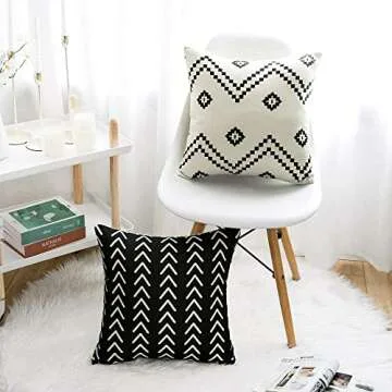 WLNUI Set of 4 Boho Pillow Covers,18x18 Pillow Covers Modern Throw Pillow Covers Black Geometric Mudcloth Linen Neutral Decorative Pillow Covers for Sofa Couch Chair
