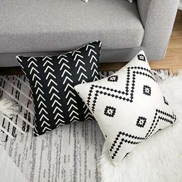 WLNUI Set of 4 Boho Pillow Covers,18x18 Pillow Covers Modern Throw Pillow Covers Black Geometric Mudcloth Linen Neutral Decorative Pillow Covers for Sofa Couch Chair