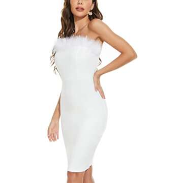 Nhicdns Women's Sexy Off The Shoulder Bodycon Dresses Feather Bandage Strapless Mini Dress Birthday Party Clubwear White