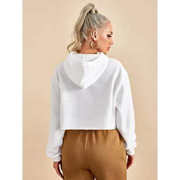 Milumia Women Long Sleeve Hoodie Crop Top Joggers Solid Drawstring Hooded Sweatshirt White Small