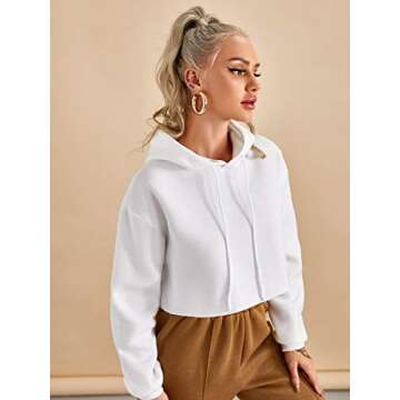 Milumia Women Long Sleeve Hoodie Crop Top Joggers Solid Drawstring Hooded Sweatshirt White Small
