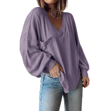 BTFBM Women's Casual V Neck Ribbed Knit Shirts 2025 Fall Pullover Tunic Tops Loose Balloon Long Slee...