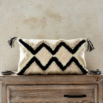 Woven Tufted Boho Lumbar Throw Pillow Cover, Modern Decorative Geometric Chevron Cushion with Tassel...