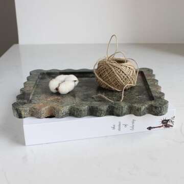 Natural Luxury Scalloped Marble Tray 10.8"x8", Green Rectangle Vanity Tray for Bathroom Kitchen Counter, Decorative Tray for Dresser Home Decor