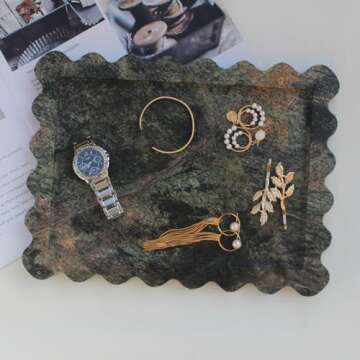 Natural Luxury Scalloped Marble Tray 10.8"x8", Green Rectangle Vanity Tray for Bathroom Kitchen Counter, Decorative Tray for Dresser Home Decor