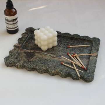 Natural Luxury Scalloped Marble Tray 10.8"x8", Green Rectangle Vanity Tray for Bathroom Kitchen Counter, Decorative Tray for Dresser Home Decor