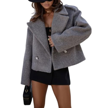 CHARTOU Women Crop Pea Coat Wool Blend Office Work Lapel Collar Short Winter Jacket Trench Coat (X-L...